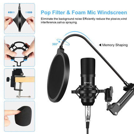 PULUZ Studio Broadcast Professional Singing Microphone Kits with Suspension Scissor Arm & Metal Shock Mount & USB Sound Card(Black)