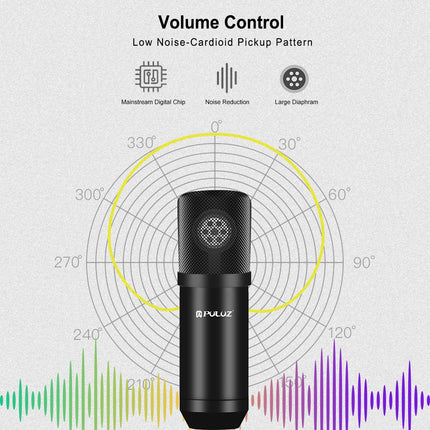 PULUZ Studio Broadcast Professional Singing Microphone Kits with Suspension Scissor Arm & Metal Shock Mount & USB Sound Card(Black)