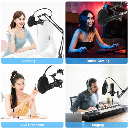 PULUZ Studio Broadcast Professional Singing Microphone Kits with Suspension Scissor Arm & Metal Shock Mount & USB Sound Card(Black)