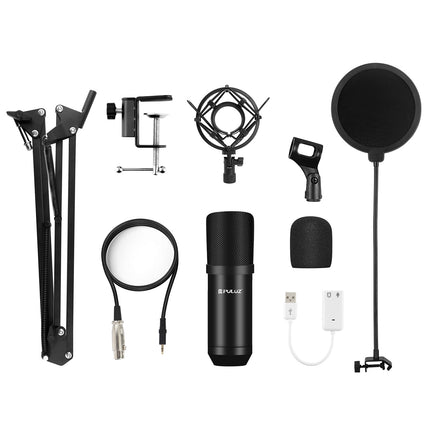 PULUZ Studio Broadcast Professional Singing Microphone Kits with Suspension Scissor Arm & Metal Shock Mount & USB Sound Card(Black)