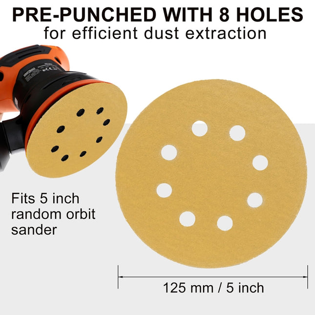 100pcs / Box 5 Inch 8 Holes Round Disc Sanding Sandpaper 125mm Yellow Sand Flocking Sheet, Grit: P60