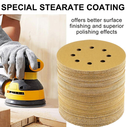 100pcs / Box 5 Inch 8 Holes Round Disc Sanding Sandpaper 125mm Yellow Sand Flocking Sheet, Grit: P60