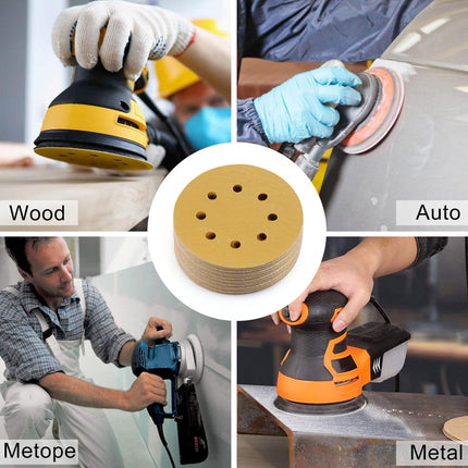100pcs / Box 5 Inch 8 Holes Round Disc Sanding Sandpaper 125mm Yellow Sand Flocking Sheet, Grit: P60