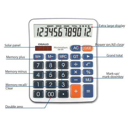 OSALO OS-5M 12 Digits Desktop Calculator Solar Energy Dual Power Calculator