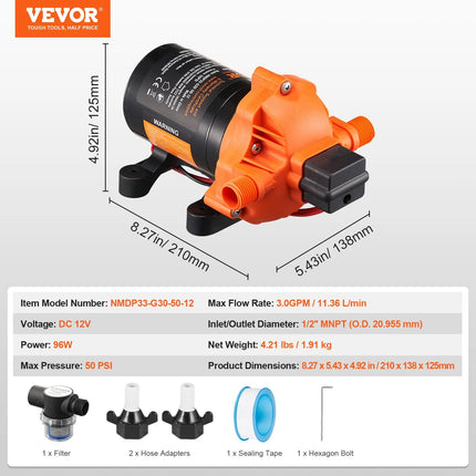 VEVOR Diaphragm Pump, 3 GPM (11.36 L/min), 3-Chamber 12 Volt DC