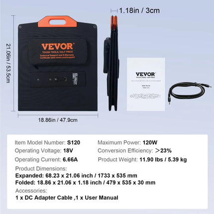 VEVOR Portable Monocrystalline Solar Panel, 120W Foldable