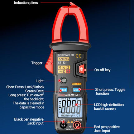 ANENG ST183 600A Digital Clamp Meter With NCV, 4000 Counts, Tests Continuity/Resistance/Capacitance/Diode, Audible & Visual Alarm(Black)