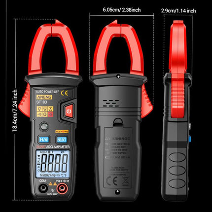 ANENG ST183 600A Digital Clamp Meter With NCV, 4000 Counts, Tests Continuity/Resistance/Capacitance/Diode, Audible & Visual Alarm(Black)