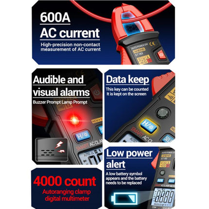 ANENG ST183 600A Digital Clamp Meter With NCV, 4000 Counts, Tests Continuity/Resistance/Capacitance/Diode, Audible & Visual Alarm(Black)