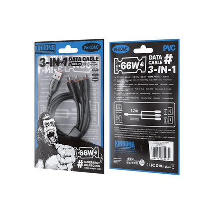 WK WDC-79 3 in 1 Kinkong Flash Series 1.2m 66W PVC Fast Charging Data Cable, Interface:USB to Type-C+8 Pin+Micro(Black)