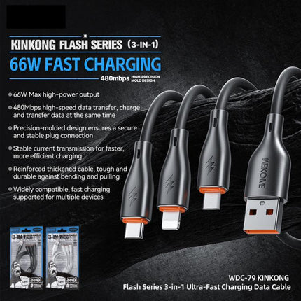 WK WDC-79 3 in 1 Kinkong Flash Series 1.2m 66W PVC Fast Charging Data Cable, Interface:USB to Type-C+8 Pin+Micro(Black)