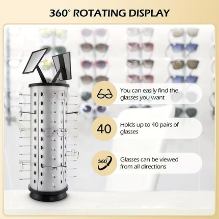 Display Stand 360° Rotating Fashion Glasses Stand Organizing Stand Glasses Flip Commercial Display Stand Top Of Counter Fashion Glasses Display Stand with Mirror, Can Hold 36/44 Pairs Of Glasses