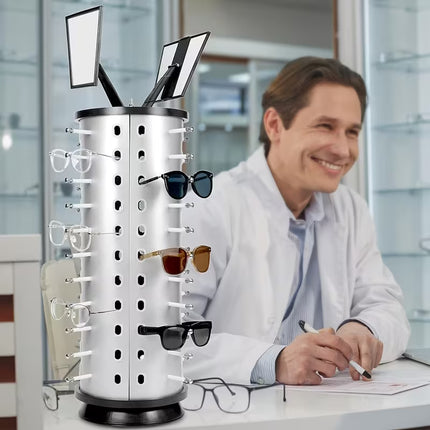Display Stand 360° Rotating Fashion Glasses Stand Organizing Stand Glasses Flip Commercial Display Stand Top Of Counter Fashion Glasses Display Stand with Mirror, Can Hold 36/44 Pairs Of Glasses