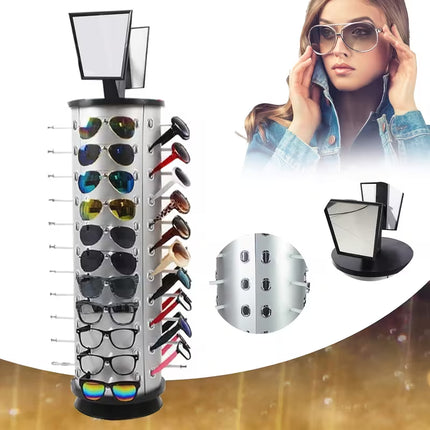 Display Stand 360° Rotating Fashion Glasses Stand Organizing Stand Glasses Flip Commercial Display Stand Top Of Counter Fashion Glasses Display Stand with Mirror, Can Hold 36/44 Pairs Of Glasses