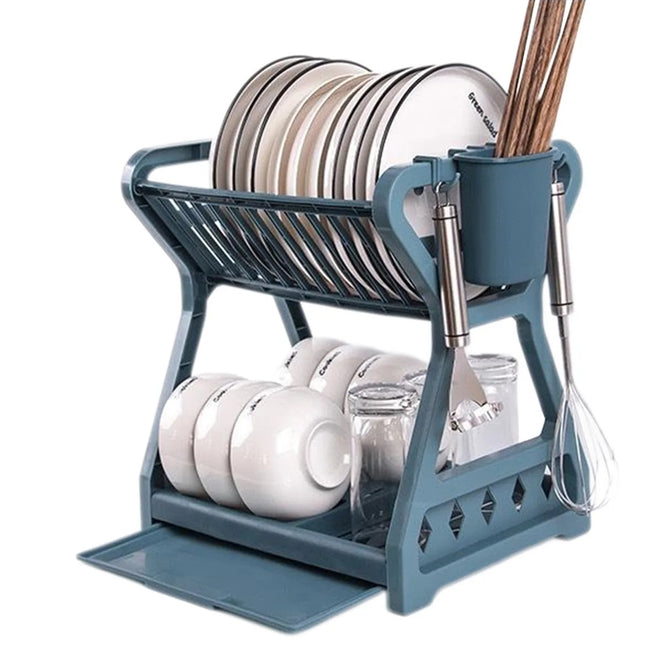 Kitchen Multi-Level Shelf Dishes Storage Draining Rack(B Model Blue)