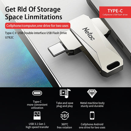 Netac U782C Type-C Dual Interface High-Speed Metal Computer USB Flash Drive, Capacity: 32GB