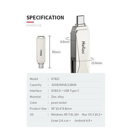 Netac U782C Type-C Dual Interface High-Speed Metal Computer USB Flash Drive, Capacity: 32GB