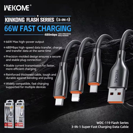 WDC-119 Super Fast Charging PVC Data Cable 66W (3-in-1)
