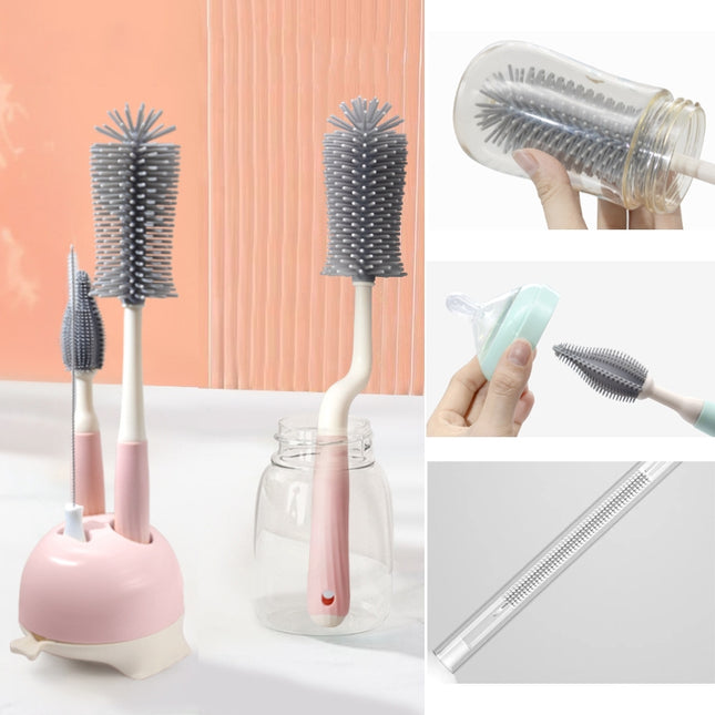 Silicone Rotating Multifunction Cleaning Cup Brush Set Bottle Nipple Straw Cleaner Brush(Bent Handle Green)