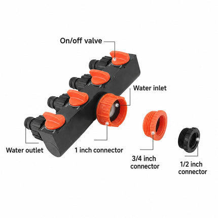 4-Way Water Tap Splitter With On-Off Switch 1 Inlet 4 Outlets Quick Connect Valve Connector(Blue)