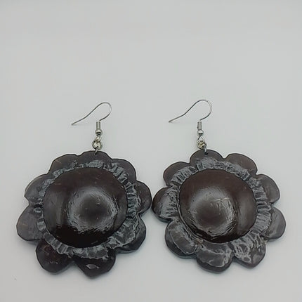 KiriArts Coconut Shell Earrings Sunflower Carved Plain