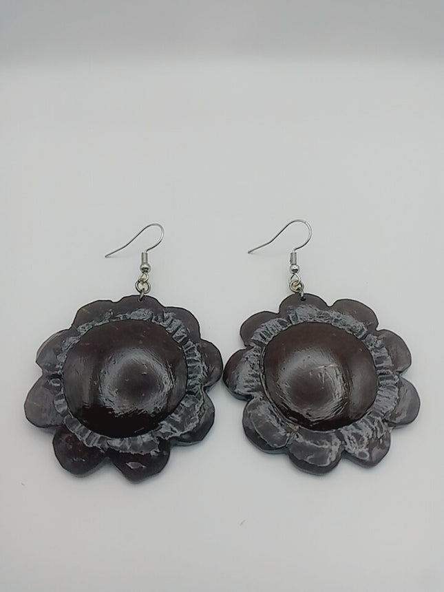 KiriArts Coconut Shell Earrings Sunflower Carved Plain