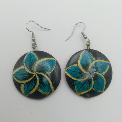 KiriArts Coconut Shell Earrings Engraved Marygold blue