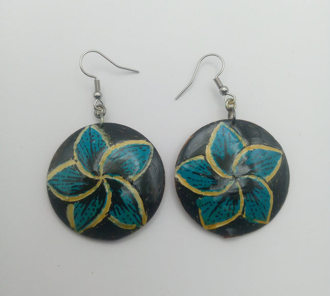 KiriArts Coconut Shell Earrings Engraved Marygold blue