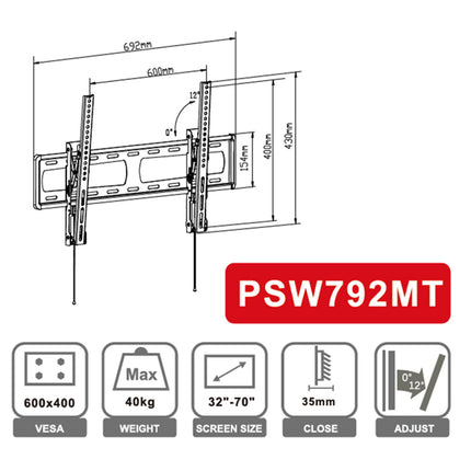 Loctek Eco Mount, 32''-70'' Tilt TV Wall Mount Max Load 40 kg Max VESA 600x400mm - Tilt Angle