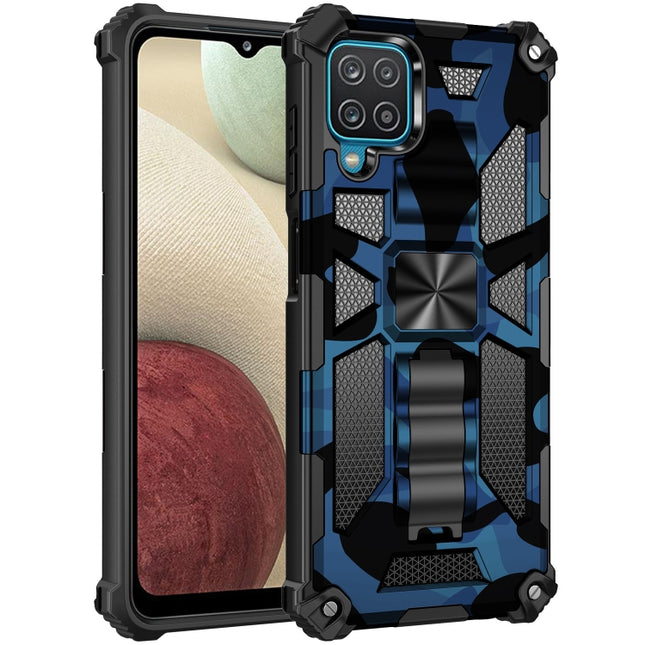For Samsung Galaxy A12 Camouflage Armor Shockproof Protective Case with Holder(Dark Blue)