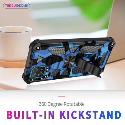 For Samsung Galaxy A12 Camouflage Armor Shockproof Protective Case with Holder(Dark Blue)