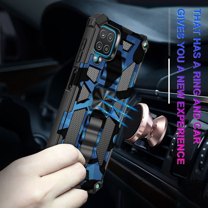 For Samsung Galaxy A12 Camouflage Armor Shockproof Protective Case with Holder(Dark Blue)