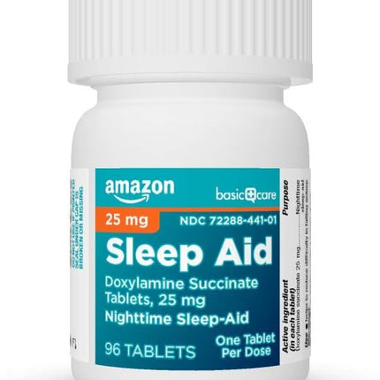 Amazon Basic Care Nighttime Sleep Aid Tablets for Adults, Doxylamine Succinate 25 mg, 96 Count