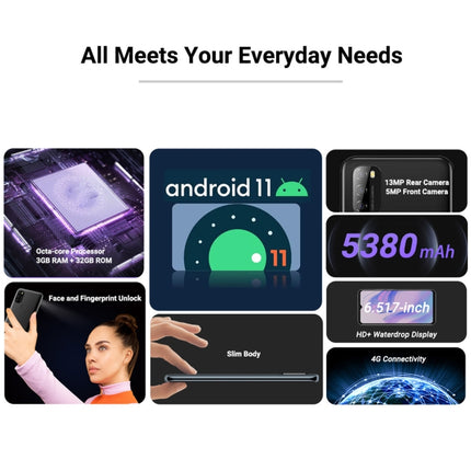 Blackview A70, 3GB+32GB, Face ID & Fingerprint Identification, 5380mAh Battery, 6.517 inch Android 11 SC9863A Octa Core up to 1.6GHz, Network: 4G, Dual SIM(Black)