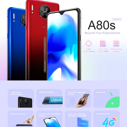 Blackview A80S, 4GB+64GB, Face ID & Fingerprint Identification, 4200mAh Battery, 6.21 inch Android 10.0 MTK6762V/WD Octa Core up to 1.8GHz, Network: 4G, Dual SIM(Black)